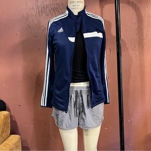 Adidas Women's Dark Blue Track Jacket with White Stripes
